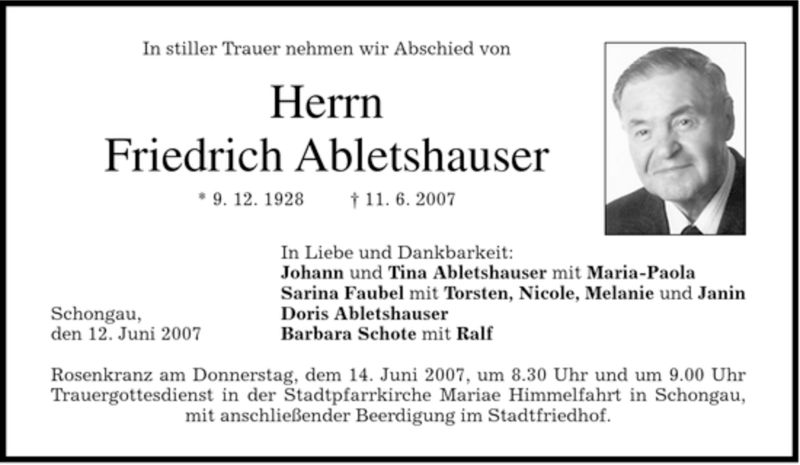  Traueranzeige für Friedrich Abletshauser vom 12.06.2007 aus MERKUR & TZ