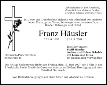 Traueranzeige von Franz Häusler von MERKUR & TZ
