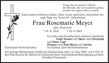 Traueranzeige von Rosemarie Meyer von MERKUR & TZ