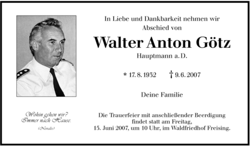  Traueranzeige für Walter Anton Götz vom 13.06.2007 aus MERKUR & TZ