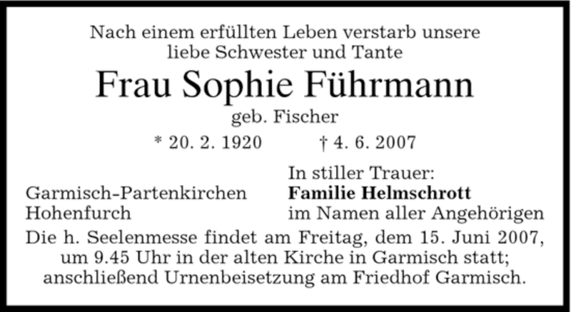  Traueranzeige für Sophie Führmann vom 13.06.2007 aus MERKUR & TZ