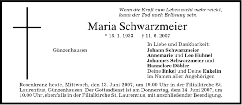  Traueranzeige für Maria Schwarzmeier vom 13.06.2007 aus MERKUR & TZ