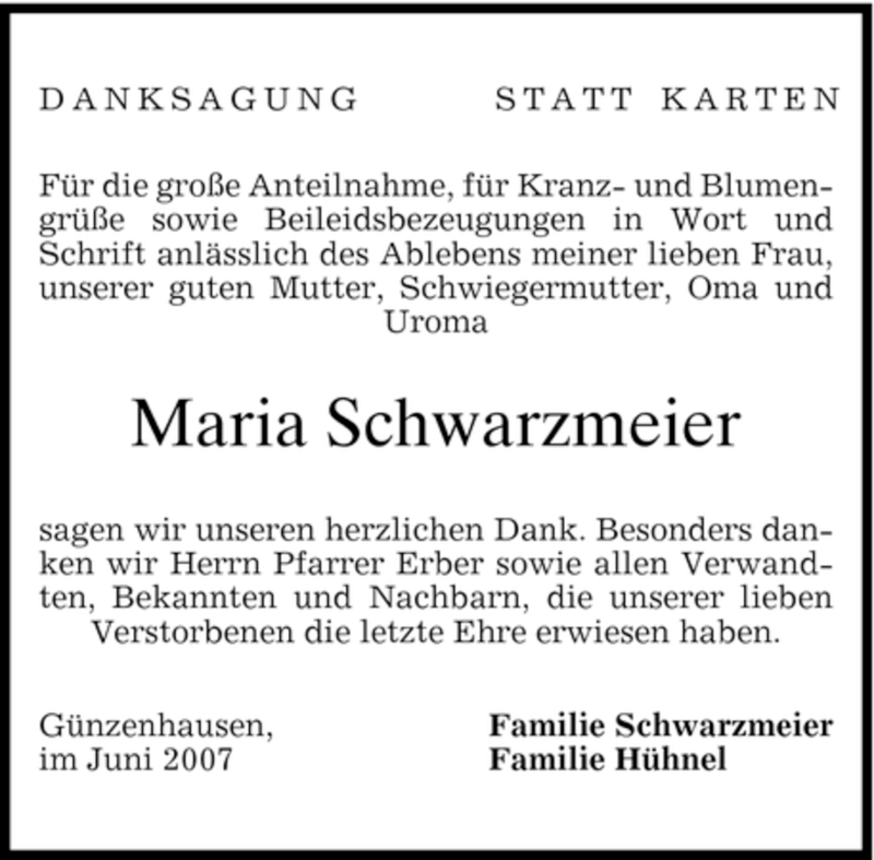  Traueranzeige für Maria Schwarzmeier vom 16.06.2007 aus MERKUR & TZ
