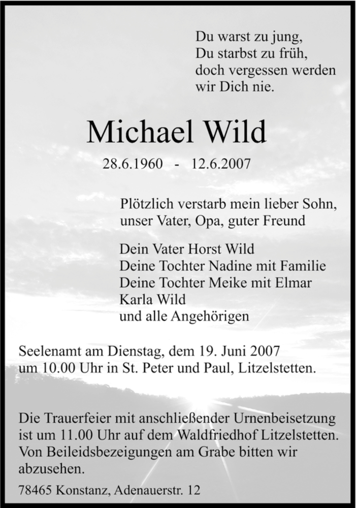  Traueranzeige für Michael Wild vom 16.06.2007 aus MERKUR & TZ