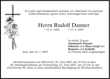 Traueranzeige von Rudolf Danner von MERKUR & TZ