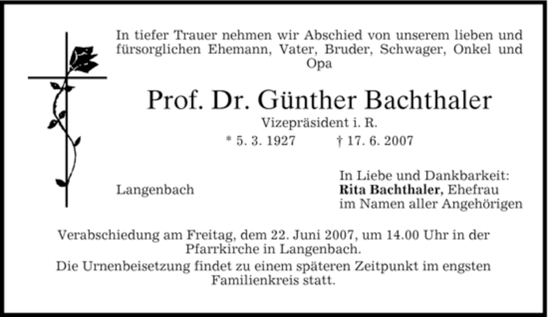  Traueranzeige für Günther Bachthaler vom 20.06.2007 aus MERKUR & TZ