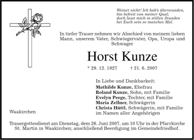 Traueranzeigen Von Horst Kunze 