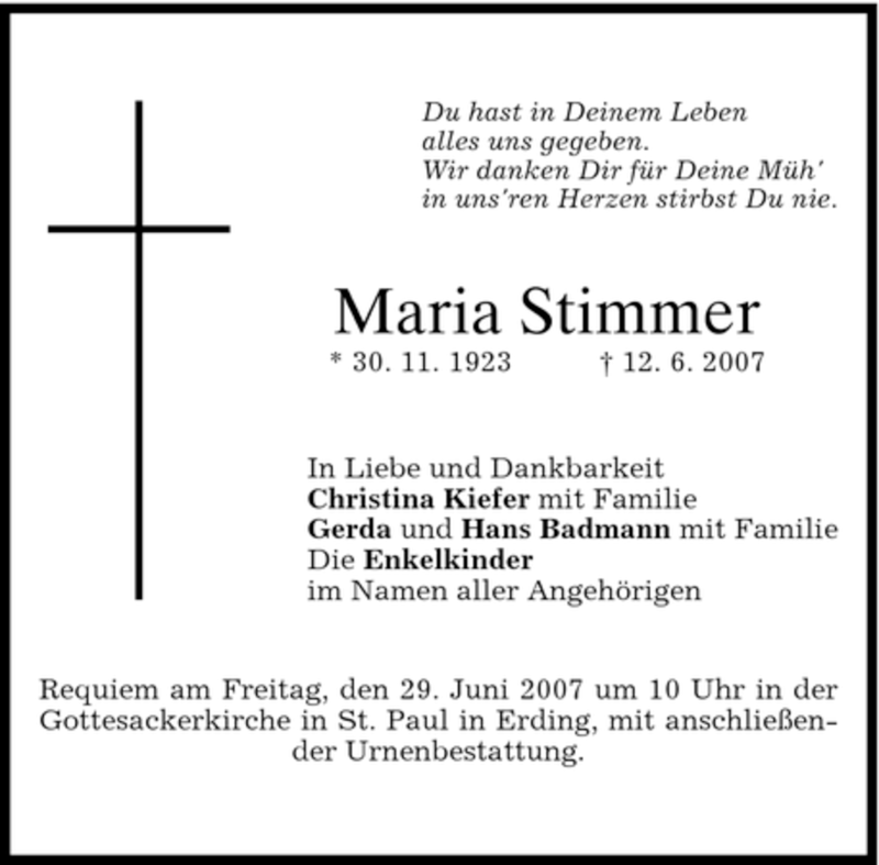 Traueranzeigen Von Maria Stimmer | Trauer.merkur.de