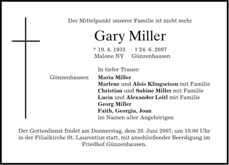  Traueranzeige für Gary Miller vom 27.06.2007 aus MERKUR & TZ