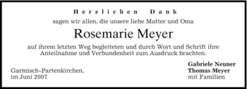 Traueranzeige von Rosemarie Meyer von MERKUR & TZ