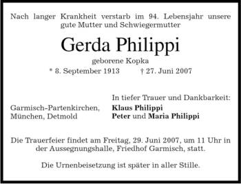 Traueranzeige von Gerda Philippi von MERKUR & TZ