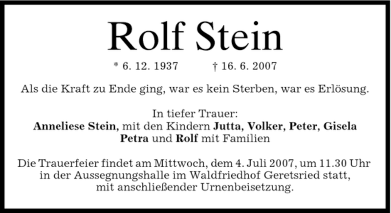  Traueranzeige für Rolf Stein vom 30.06.2007 aus MERKUR & TZ