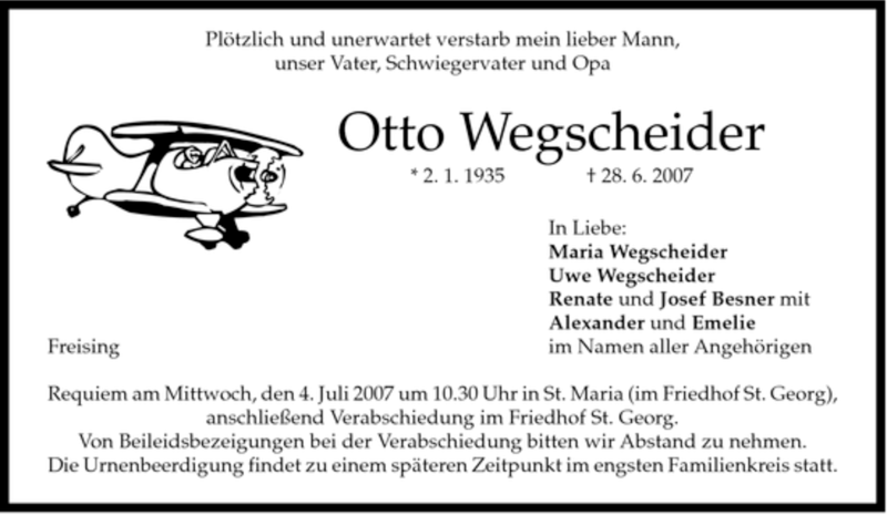  Traueranzeige für Otto Wegscheider vom 11.07.2007 aus MERKUR & TZ