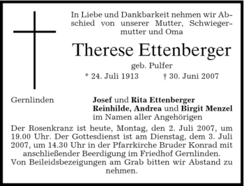 Traueranzeige von Therese Ettenberger von MERKUR & TZ