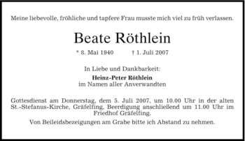 Traueranzeige von Beate Röthlein von DORFENER NACHRICHTEN