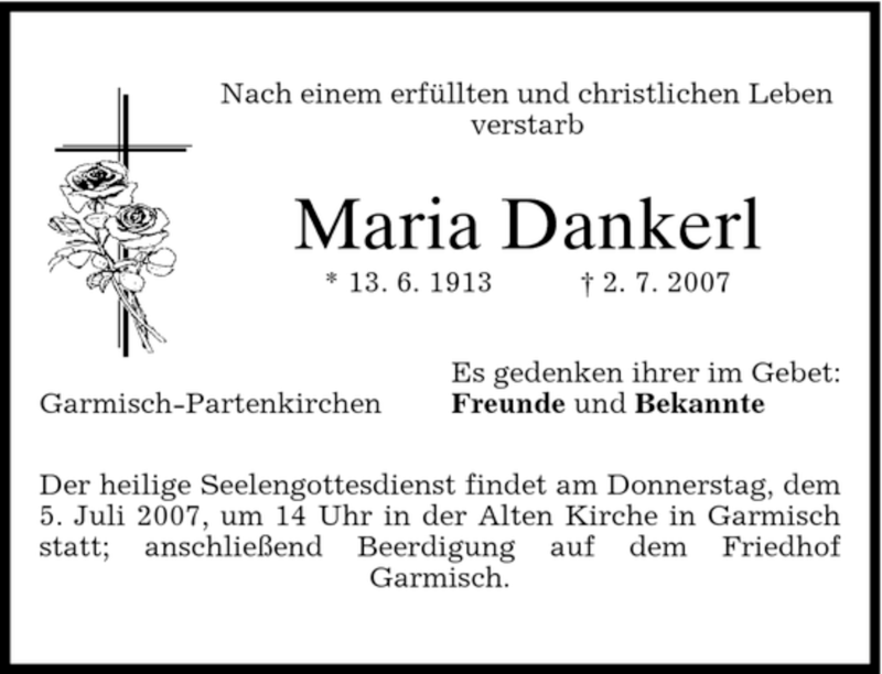  Traueranzeige für Maria Dankerl vom 03.07.2007 aus MERKUR & TZ