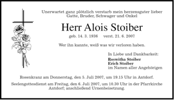 Traueranzeige von Alois Stoiber von MERKUR & TZ