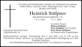Traueranzeige von Heinrich Stülpner von MERKUR & TZ