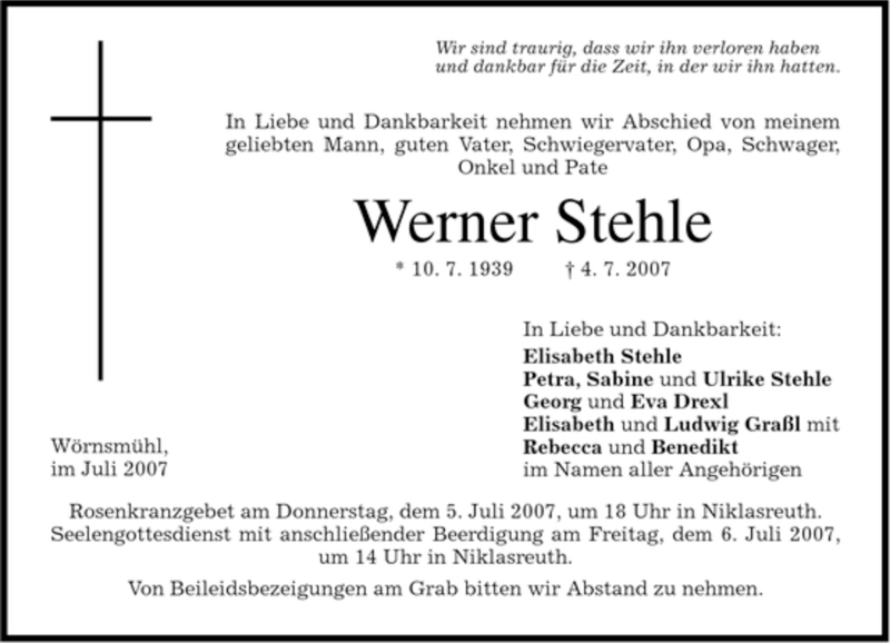 Traueranzeige für Werner Stehle vom 05.07.2007 aus MERKUR & TZ