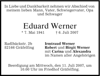 Traueranzeige von Eduard Werner von MERKUR & TZ