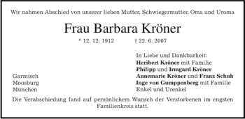 Traueranzeige von Barbara Kröner von MERKUR & TZ