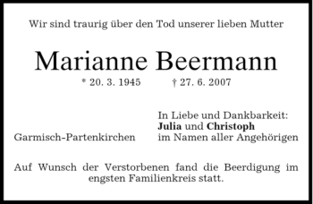 Traueranzeige von Marianne Beermann von MERKUR & TZ
