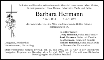 Traueranzeige von Barbara Hermann von MERKUR & TZ