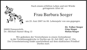 Traueranzeige von Barbara Seeger von MERKUR & TZ