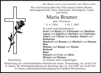 Traueranzeige von Maria Brumer von MERKUR & TZ