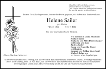 Traueranzeige von Helene Sailer von HOLZKIRCHENER MERKUR