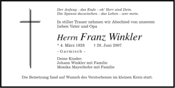Traueranzeige von Franz Winkler von MERKUR & TZ