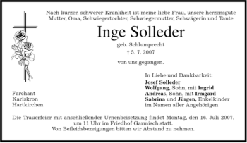 Traueranzeige von Inge Solleder von MERKUR & TZ