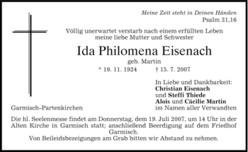 Traueranzeige von Ida Philomena Eisenach von MERKUR & TZ