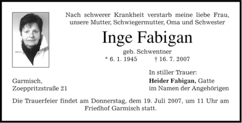  Traueranzeige für Inge Fabigan vom 18.07.2007 aus MERKUR & TZ