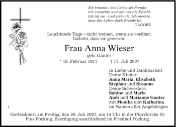 Traueranzeige von Anna Wieser von MERKUR & TZ