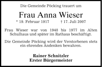 Traueranzeige von Anna Wieser von MERKUR & TZ