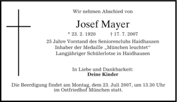 Traueranzeige von Josef Mayer von DORFENER NACHRICHTEN