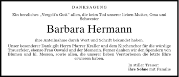 Traueranzeige von Barbara Hermann von MERKUR & TZ