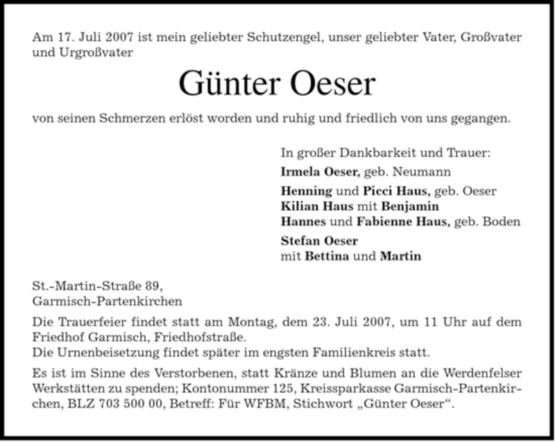  Traueranzeige für Günter Oeser vom 21.07.2007 aus MERKUR & TZ