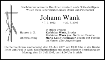 Traueranzeige von Johann Wank von MERKUR & TZ