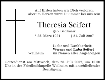 Traueranzeige von Theresia Seifert von MERKUR & TZ