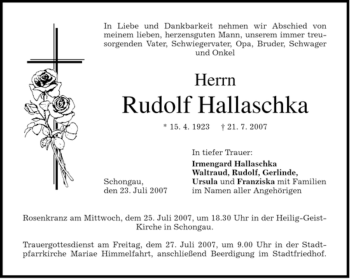Traueranzeige von Rudolf Hallaschka von MERKUR & TZ