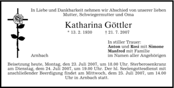 Traueranzeige von Katharina Göttler von HOLZKIRCHENER MERKUR