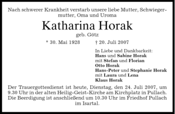 Traueranzeige von Katharina Horak von DORFENER NACHRICHTEN