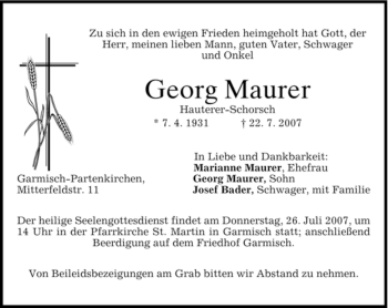 Traueranzeige von Georg Maurer von MERKUR & TZ