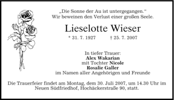 Traueranzeige von Lieselotte Wieser von DORFENER NACHRICHTEN