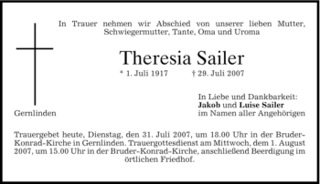 Traueranzeige von Theresia Sailer von MERKUR & TZ