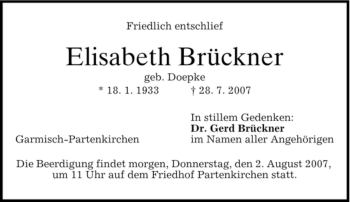 Traueranzeige von Elisabeth Brückner von MERKUR & TZ