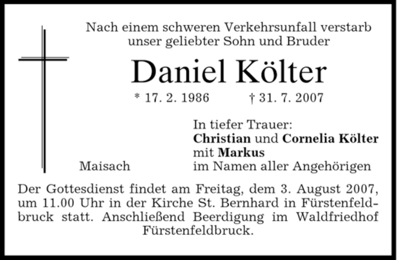  Traueranzeige für Daniel Költer vom 01.08.2007 aus MERKUR & TZ
