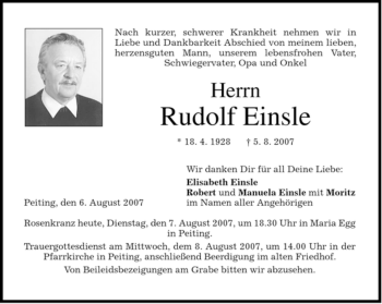 Traueranzeige von Rudolf Einsle von MERKUR & TZ